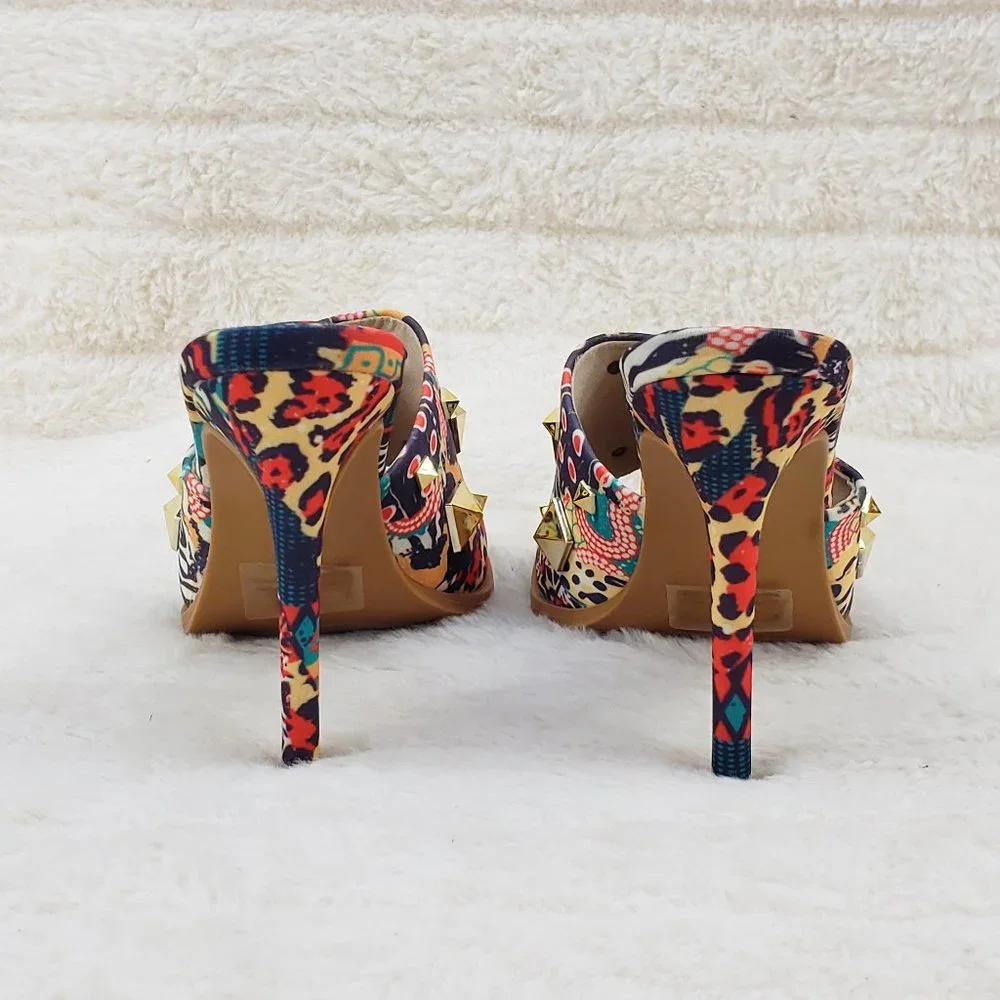 Popo Slip On Sqaure Open Toe High Heels Clogs Mules Slides  multi Color Print - Picture 7 of 9